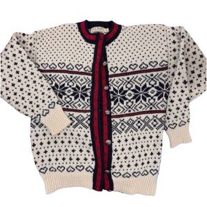 L.L. Bean Women's Nordic Pattern Cardigan Sweater Cream/Black Made in USA | M